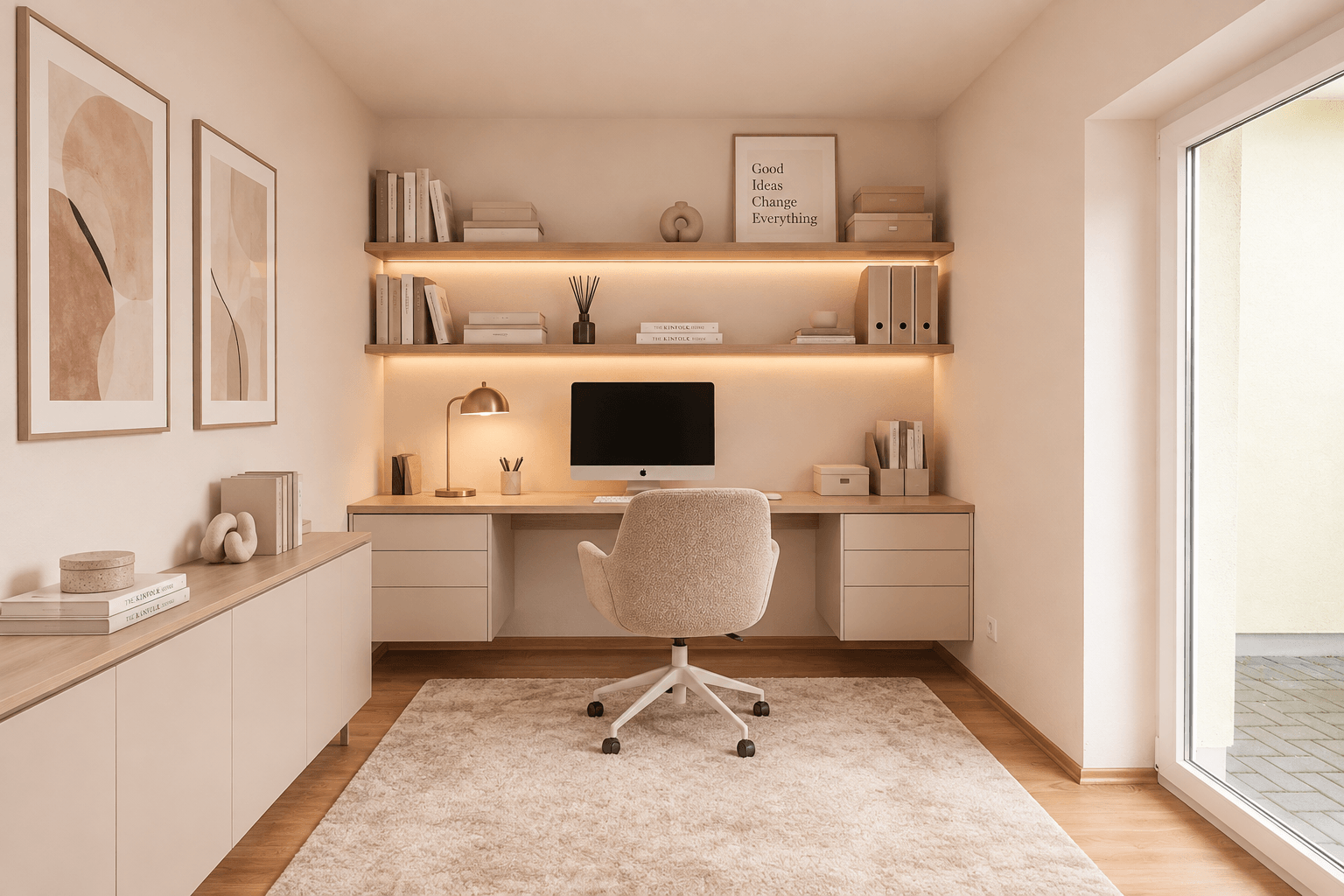 Büro mit Zugang zur Terrasse (visualisierter Einrichtungsvorschlag mit KI)